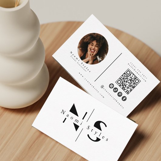 黒モダン/白QRコードプロフェッショナル写真 名刺