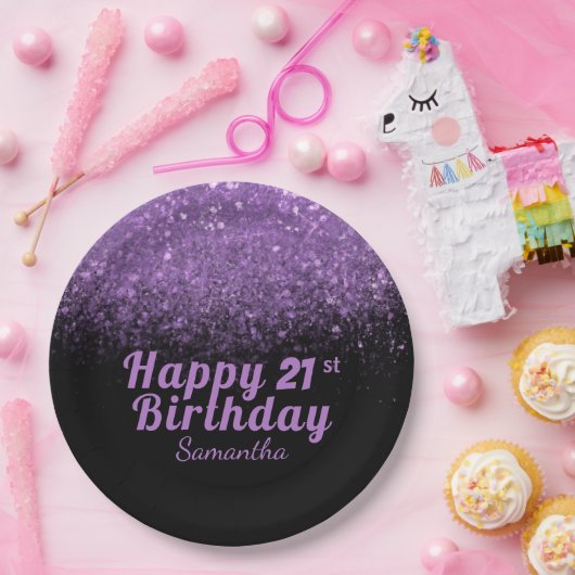黒モダン&紫グリッタースパークル21誕生日 ペーパープレート (パーティー)