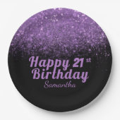 黒モダン&紫グリッタースパークル21誕生日 ペーパープレート (正面)