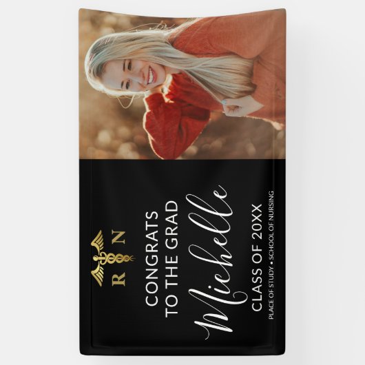 黒モダン&金ゴールドナース医療写真卒業 横断幕 (縦)