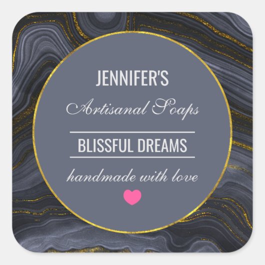 黒モダン&金ゴールド瑪瑙ストーン抽象芸術石鹸 スクエアシール (正面)