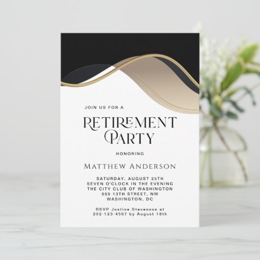 黒モダン、金ゴールド、およびタン退職パーティー 招待状 (スタンド正面)