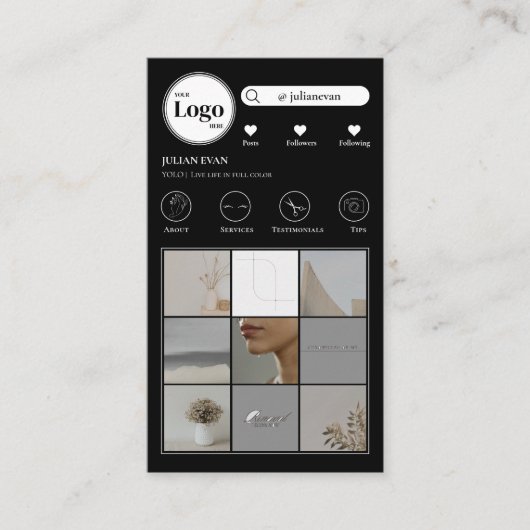 黒モダンInstagramフォトコラージビジネスカード 名刺 (正面)