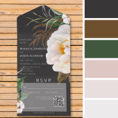 黒モダンQRコード上の白い牡丹 オールインワン招待状