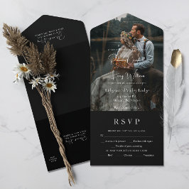 黒モダンQRコード |写真 | RSVPに参加結婚する オールインワン招待状