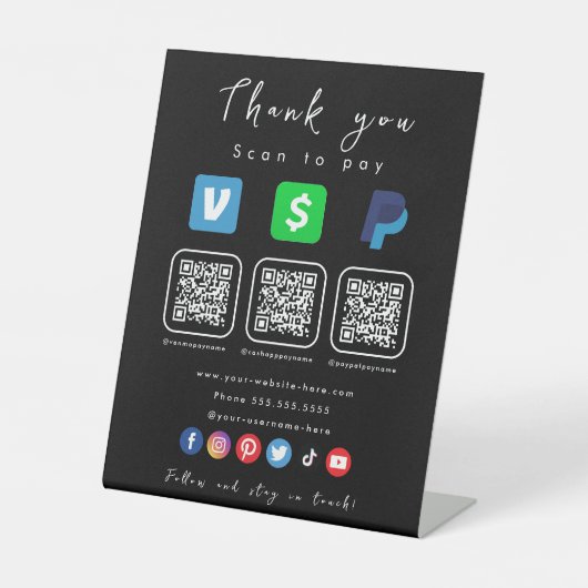 黒モダンQRコー数々のドPaypal Venmoキャッシュアプリ 台座サイン (正面)