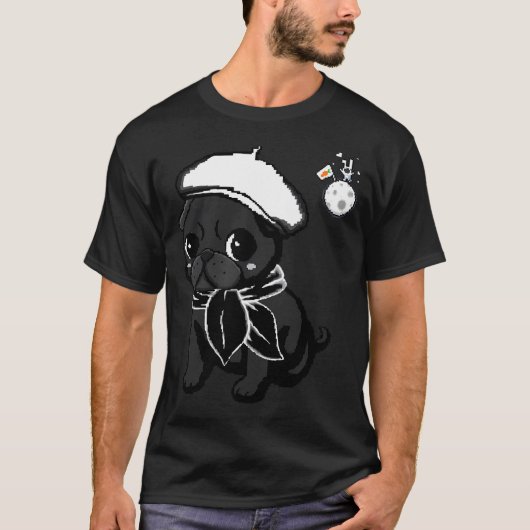 黒モップス仔犬 月とウサギ ピクセルアート Tシャツ (正面)