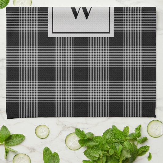 黒モノグラムのとグレーのプ市松模様にライド模様 キッチンタオル (折り畳み)