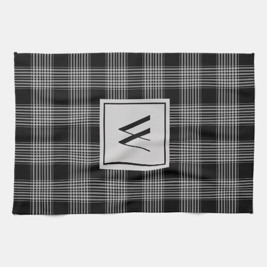 黒モノグラムのとグレーのプ市松模様にライド模様 キッチンタオル (横)