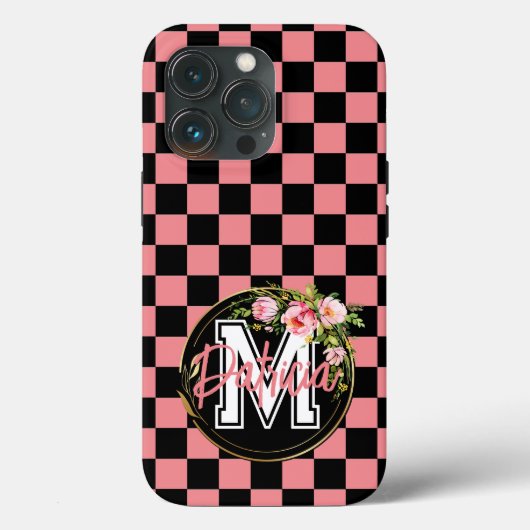 黒モノグラムのとピンクの市松模様に花 Case-Mate iPhoneケース (裏面)