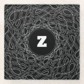 黒モノグラムのと白のパターン旋回モダン ガラスコースター (正面)