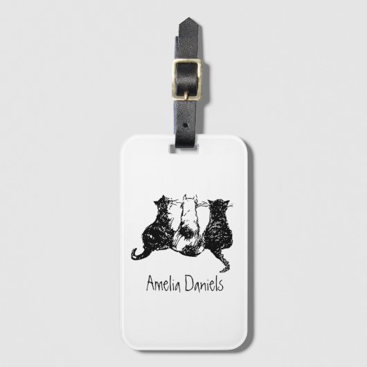 黒モノグラムのと白の猫の荷物タグ ラゲッジタグ (正面縦)