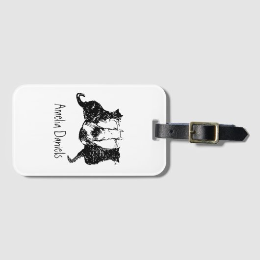 黒モノグラムのと白の猫の荷物タグ ラゲッジタグ (正面横)