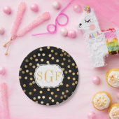 黒モノグラムのと金ゴールドのグリッター点 ペーパープレート (パーティー)