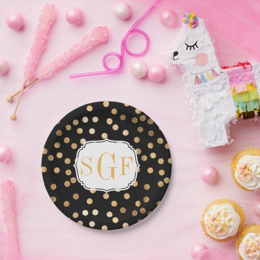 黒モノグラムのと金ゴールドのグリッター点 ペーパープレート (パーティー)