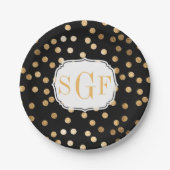黒モノグラムのと金ゴールドのグリッター点 ペーパープレート (正面)