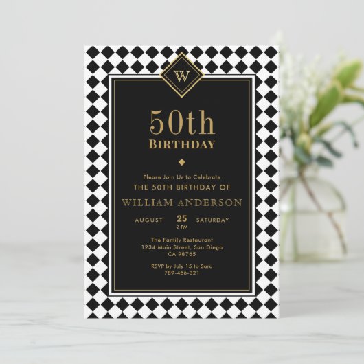 黒モノグラムのと金ゴールドのマイルストーンの時代誕生日 招待状 (スタンド正面)