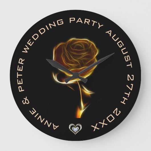 黒モノグラムのの上のバラの黄金の炎 ラージ壁時計 (正面)