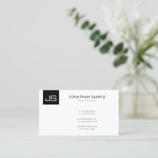 黒モノグラムのエレガント白モダンシンプル管 名刺 (スタンド正面)