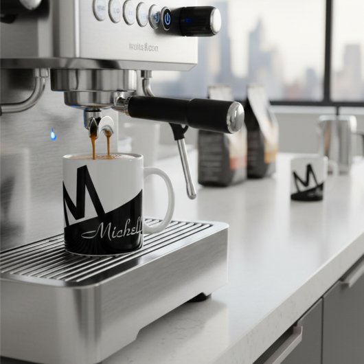 黒モノグラムのスタイリッシュ色と白のブロック コーヒーマグカップ