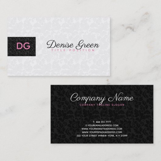 黒モノグラムのモダンと白のダマスク 名刺 (正面/裏面)