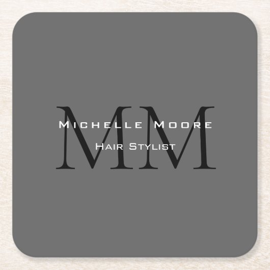 黒モノグラムの灰色の書道 スクエアペーパーコースター (正面)