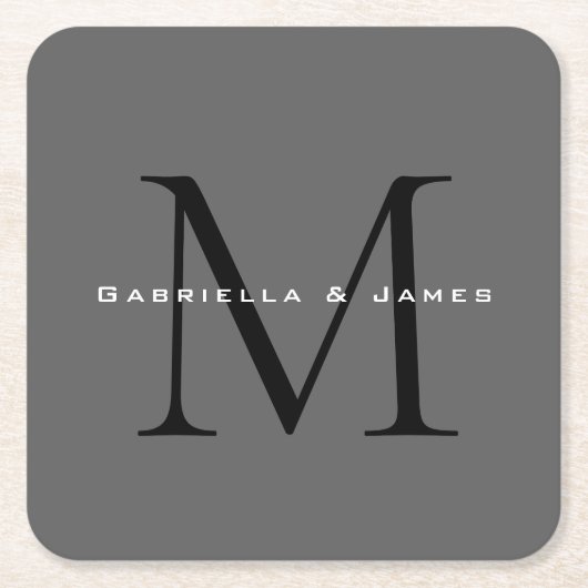 黒モノグラムの灰色の書道 スクエアペーパーコースター (正面)