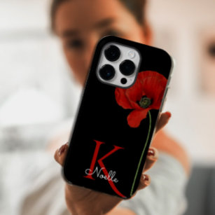黒モノグラムの独身のに赤いポピー iPhone 13ケース