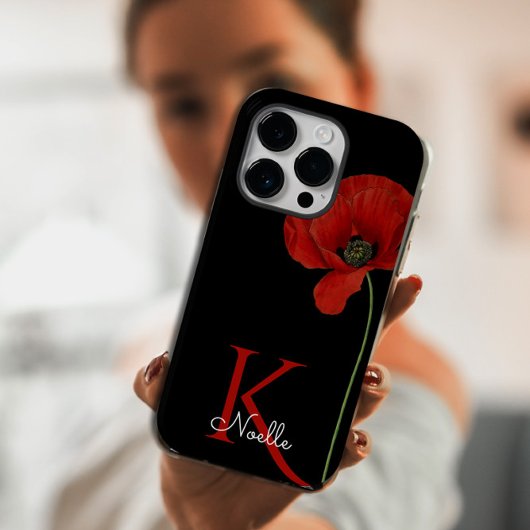 黒モノグラムの独身のに赤いポピー iPhoneケース