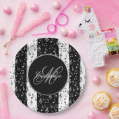 黒モノグラムの白ミュージカルストライプ ペーパープレート (パーティー)