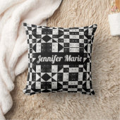 黒モノグラムの白市松模様にフローラプリント クッション (ブランケット)