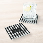 黒モノグラムの線と白の線とストライプ ガラスコースター (アングル)