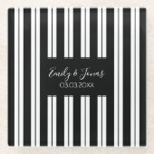 黒モノグラムの線と白の線とストライプ ガラスコースター (正面)