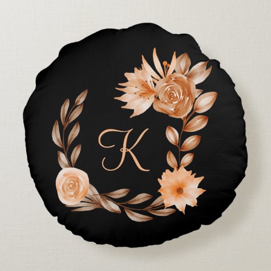 黒モノグラムの茶色と桃フローラ ラウンドクッション (裏面)