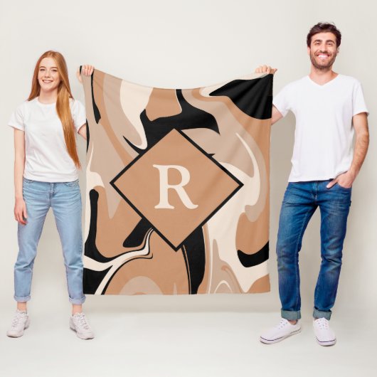 黒モノグラムの茶色のクリーム大理石旋回パターン フリースブランケット (インサイチュ)