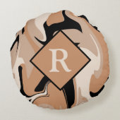 黒モノグラムの茶色のクリーム大理石旋回パターン ラウンドクッション (裏面)