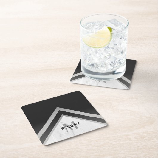 黒モノグラムの銀大理石幾何学模様 スクエアペーパーコースター (インサイチュ)