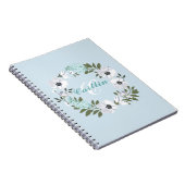 黒モノグラムの、白、ティール（緑がかった色）フローラデザイン ノートブック (右側)