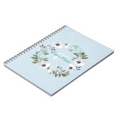 黒モノグラムの、白、ティール（緑がかった色）フローラデザイン ノートブック (左側)