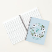 黒モノグラムの、白、ティール(緑がかった色)フローラデザイン ノートブック (内部)
