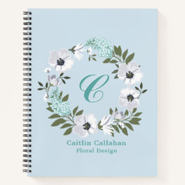 黒モノグラムの、白、ティール（緑がかった色）フローラデザイン ノートブック