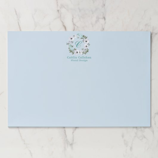 黒モノグラムの、白、ティール(緑がかった色)フローラデザイン ペーパーパッド (正面)