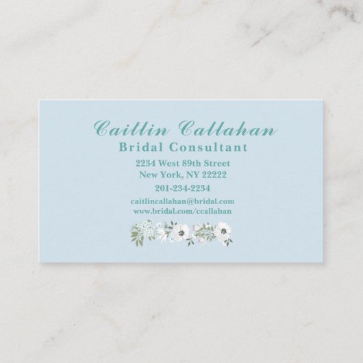 黒モノグラムの、白、ティール(緑がかった色)フローラデザイン 名刺 (裏面)