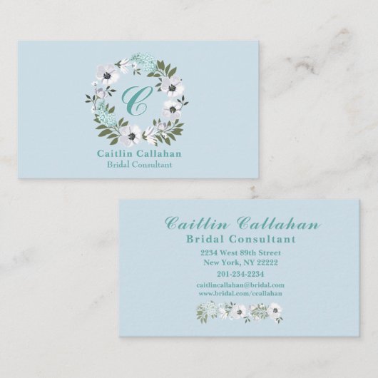 黒モノグラムの、白、ティール(緑がかった色)フローラデザイン 名刺 (正面/裏面)