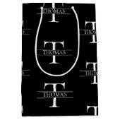 黒モノグラムエレガント名前をカスタムするパターン ミディアムペーパーバッグ (正面)