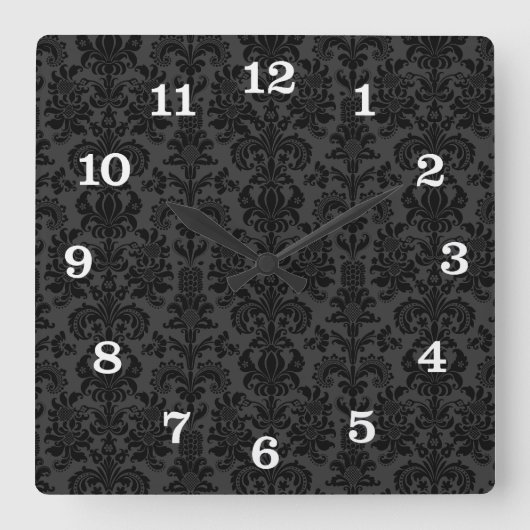 黒モノトーンヴィンテージフローラマスク スクエア壁時計 (正面)