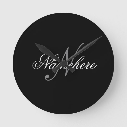 黒ユニークパーソナライズされた名モノグラム ラウンド壁時計 (正面)