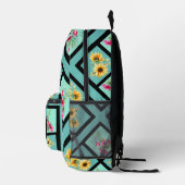 黒ユニークフローラタイルパターンのティール(緑がかった色) プリントバックパック (右)