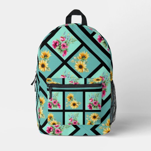 黒ユニークフローラタイルパターンのティール(緑がかった色) プリントバックパック (正面)
