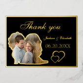 黒ユニークモダン写結婚真のサンキューカード 箔招待状 (正面)